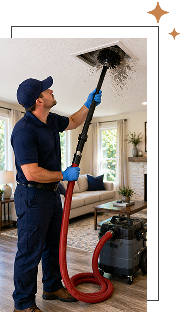 technician cleaning air duct in a home