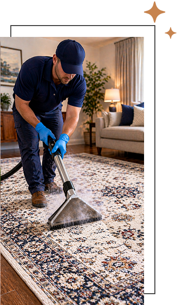 technician cleaning rug in a home