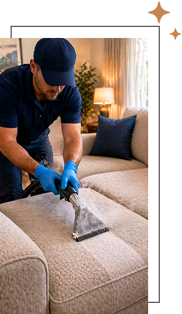 technician cleaning sofa in a home